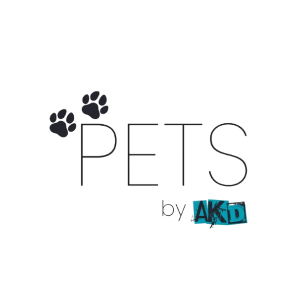 Logo for 'Pets by AKD' with paw prints and text on a white background